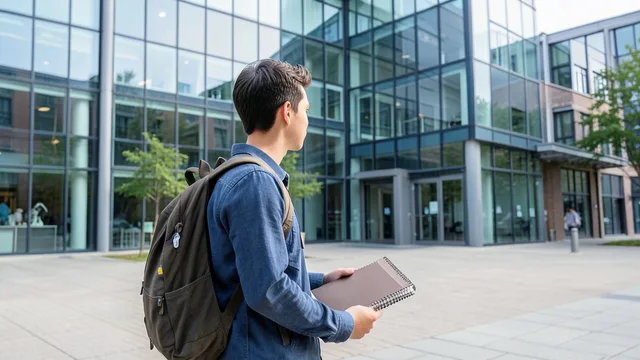 Imagem gerada por IA: Estudante observa um prédio universitário moderno, em imagem que representa intercâmbio acadêmico.