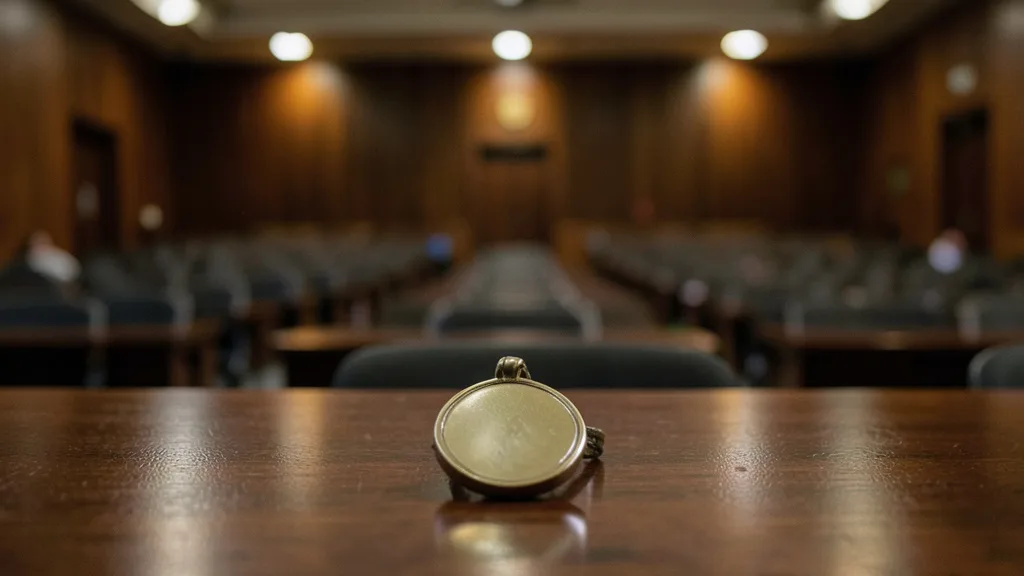 Imagem gerada por IA: Medalha cerimonial sobre uma mesa de madeira em uma sala legislativa vazia.