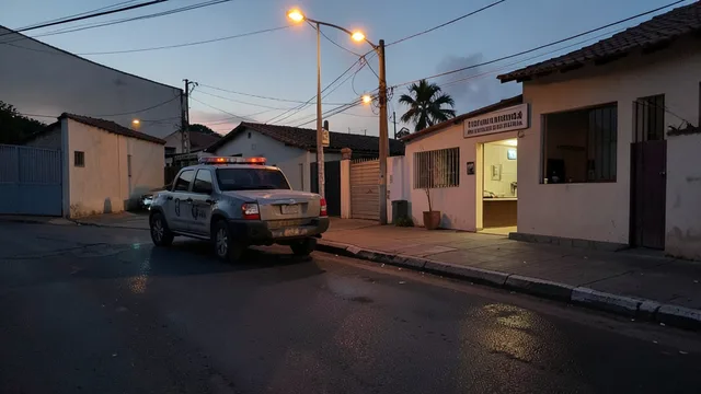 Imagem gerada por IA: Viatura policial em uma rua de Catanduva ao anoitecer.