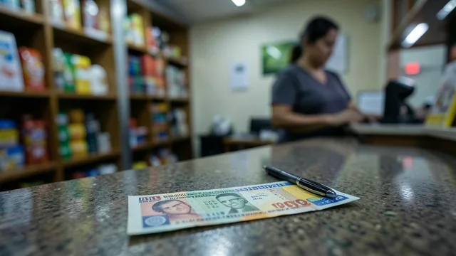 Volante de loteria e caneta sobre o balcão de uma casa lotérica.