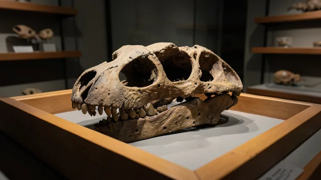 Imagem gerada por IA: Fragmento fossilizado de crânio de dinossauro em uma gaveta de coleção de museu.