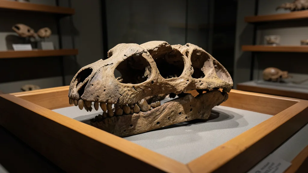 Imagem gerada por IA: Fragmento fossilizado de crânio de dinossauro em uma gaveta de coleção de museu.