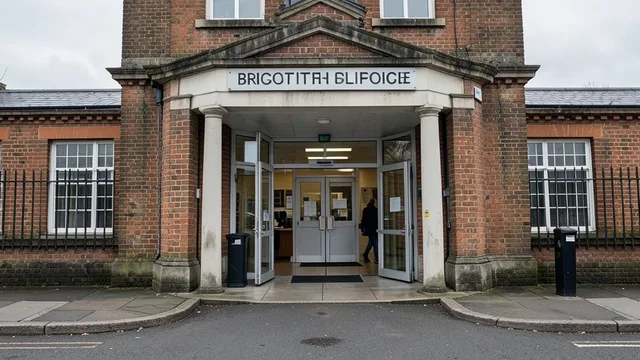 Imagem gerada por IA: Entrada de uma delegacia britânica em um dia nublado, com pedestres ao fundo.