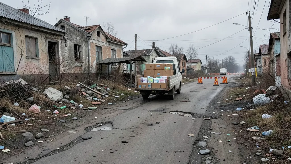 Imagem gerada por IA: Veículo de ajuda humanitária em uma rua danificada de Oleshky.