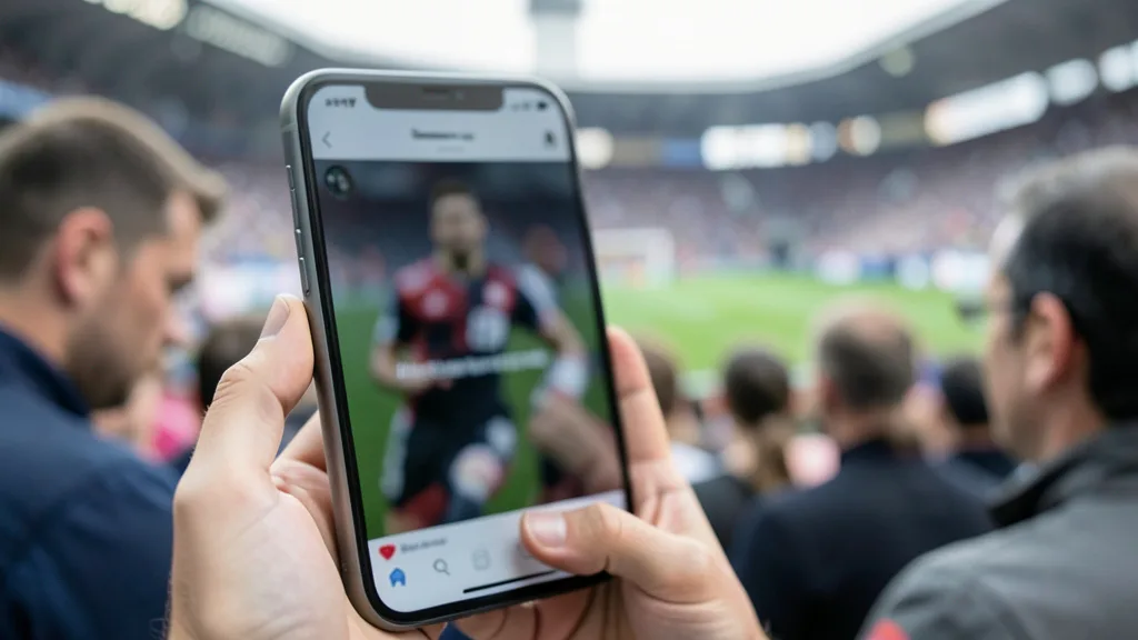 Imagem gerada por IA: Celular com uma publicação desfocada diante de um estádio de futebol.