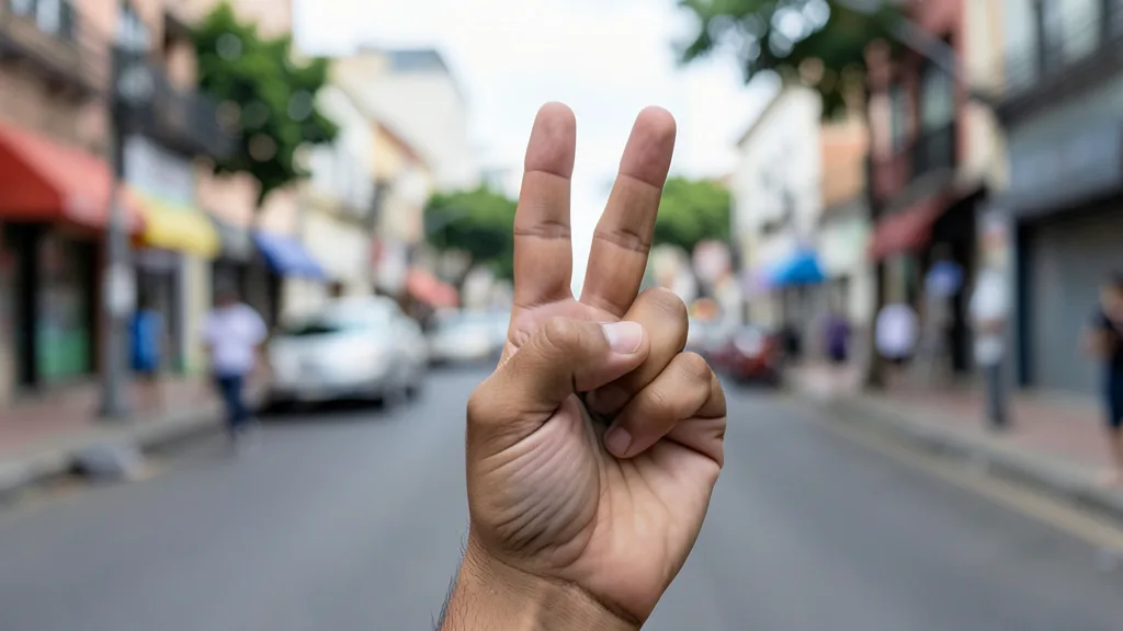 Imagem gerada por IA: Mão fazendo o sinal discreto de pedido de socorro, com uma rua urbana desfocada ao fundo.