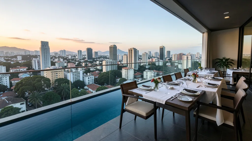 Imagem gerada por IA: Terraço de um triplex com piscina e área de jantar em um bairro de São Paulo.