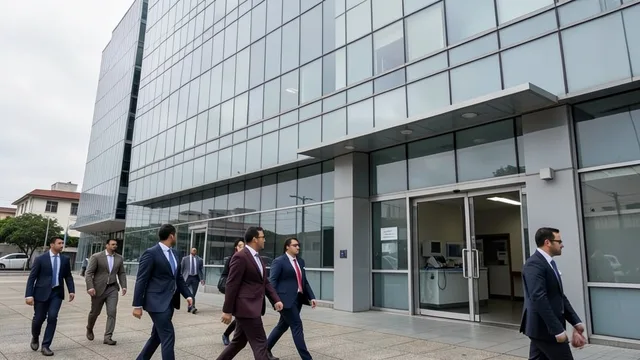 Fachada de uma empresa de saúde com profissionais caminhando diante do prédio.