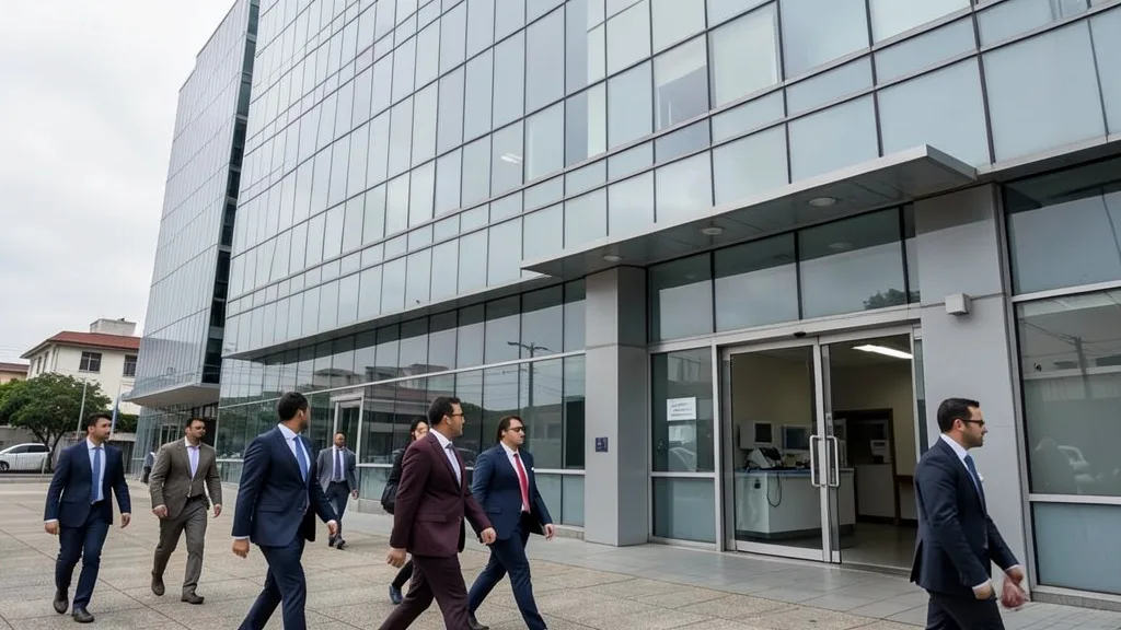 Fachada de uma empresa de saúde com profissionais caminhando diante do prédio.