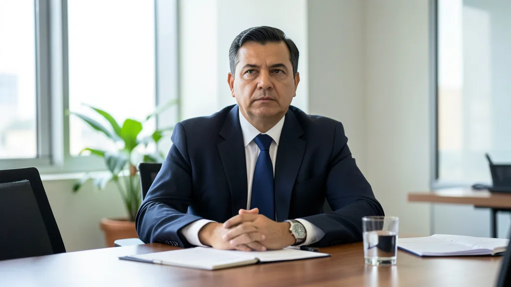 Imagem gerada por IA: Aloizio Mercadante em seu escritório, sentado à mesa em um ambiente institucional.