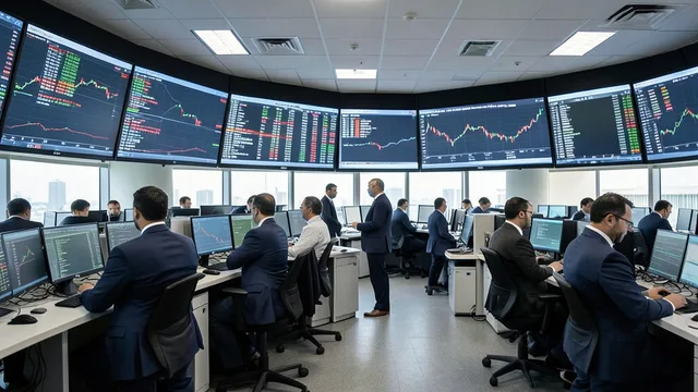 Imagem gerada por IA: Profissionais acompanham os mercados em uma sala de operações financeira.