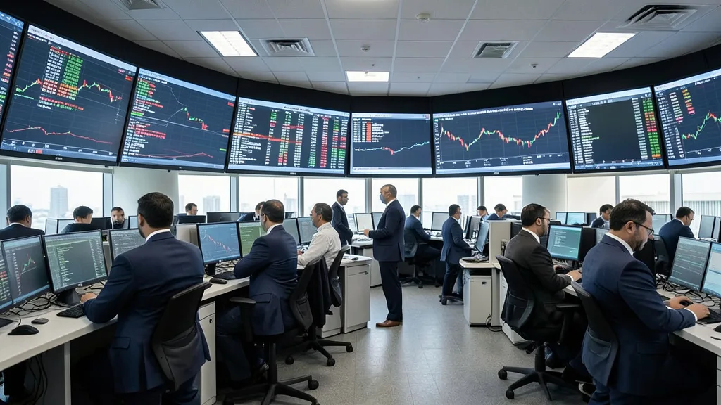 Imagem gerada por IA: Profissionais acompanham os mercados em uma sala de operações financeira.