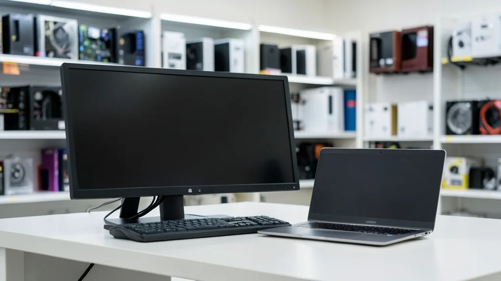 Imagem gerada por IA: Computadores expostos em uma loja, com prateleiras de componentes ao fundo.