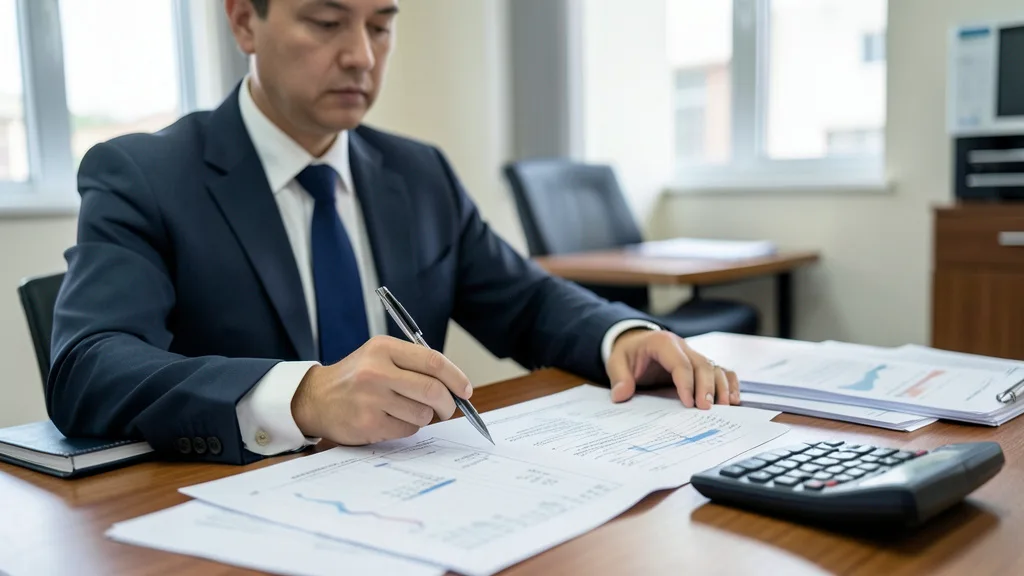 Imagem gerada por IA: Analista examina documentos fiscais e projeções orçamentárias em um escritório.