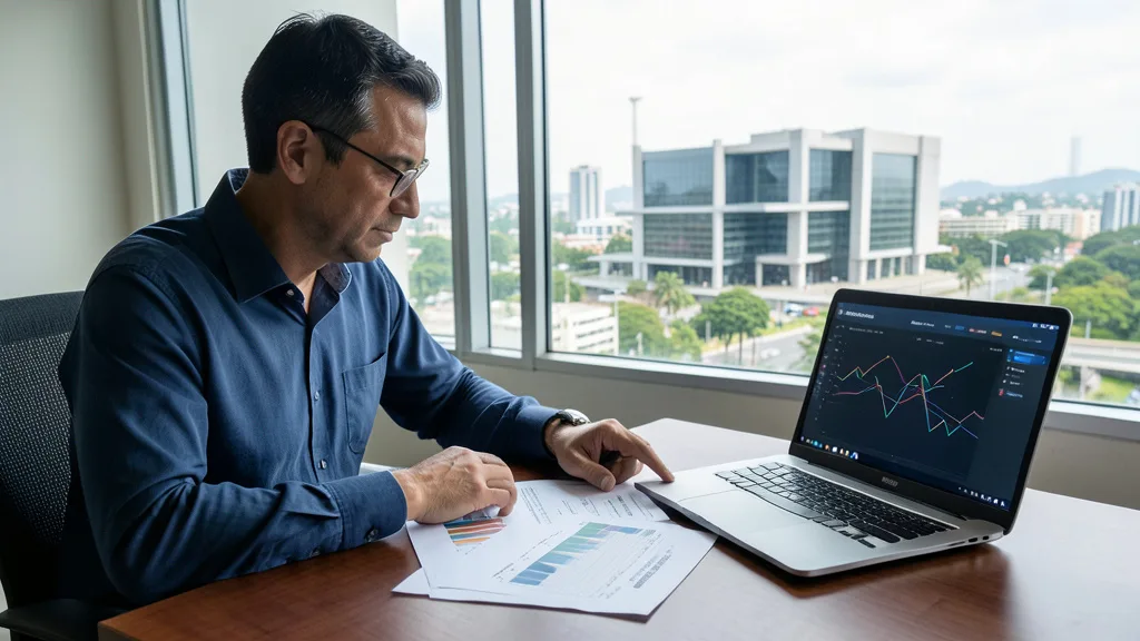 Imagem gerada por IA: Analista financeiro consulta projeções econômicas em um escritório com vista para Brasília.