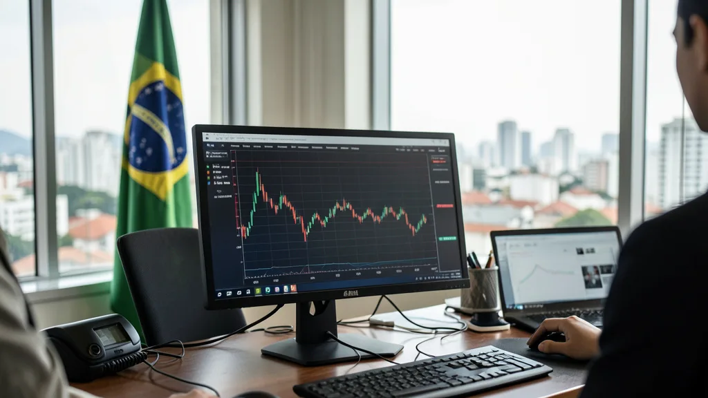 Mesa de operações financeiras em São Paulo, com gráficos de mercado e uma bandeira brasileira ao fundo.