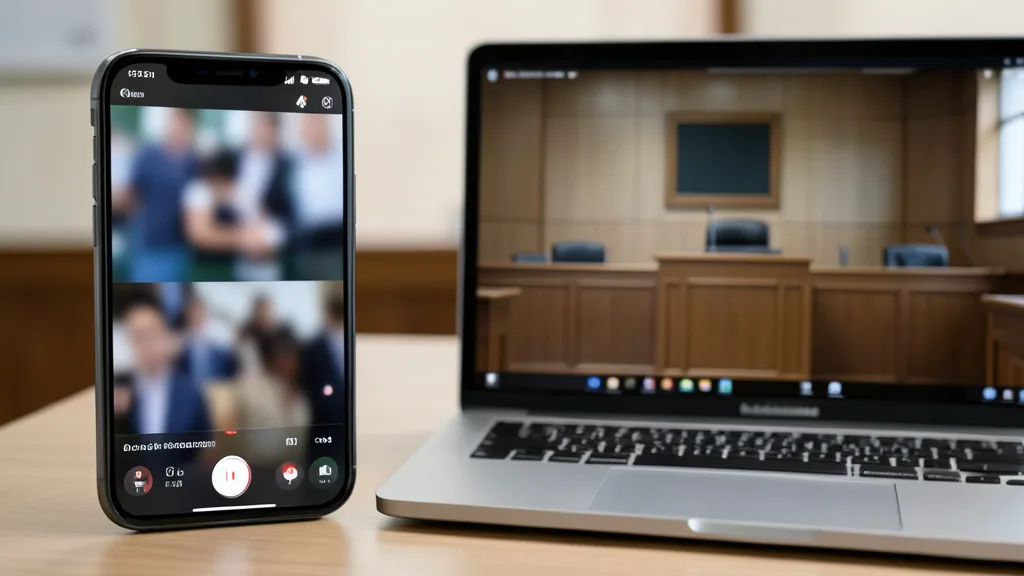 Imagem gerada por IA: Celular com vídeos curtos ao lado de um computador em ambiente de tribunal.