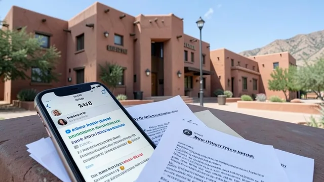 Imagem gerada por IA: Fachada de tribunal no Novo México ao lado de um celular com uma rede social genérica.