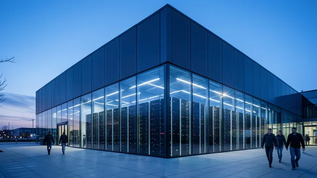 Imagem gerada por IA: Data center com servidores iluminados em uma empresa de tecnologia.