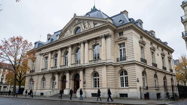 Imagem gerada por IA: Fachada de um tribunal em Paris em um dia nublado de outono.