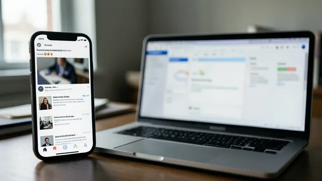 Imagem gerada por IA: Celular com uma rede social ao lado de um computador com uma interface de anúncios desfocada.
