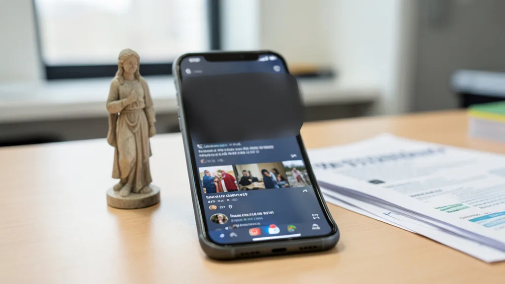 Celular com interface de vídeo indisponível sobre uma mesa, ao lado de uma pequena imagem religiosa e papéis desfocados.