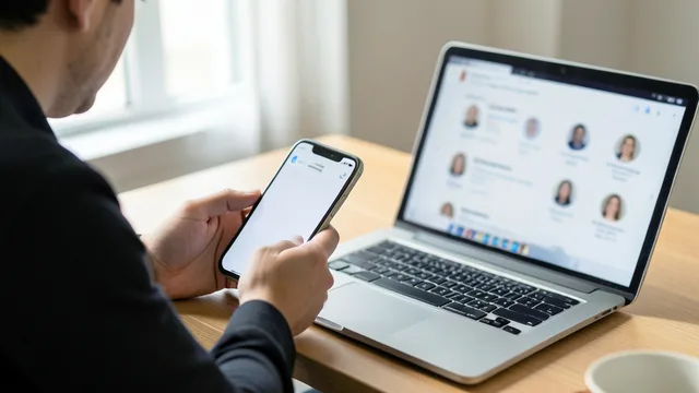 Imagem gerada por IA: Celular com aviso genérico de moderação ao lado de um laptop com páginas de perfis desfocadas.