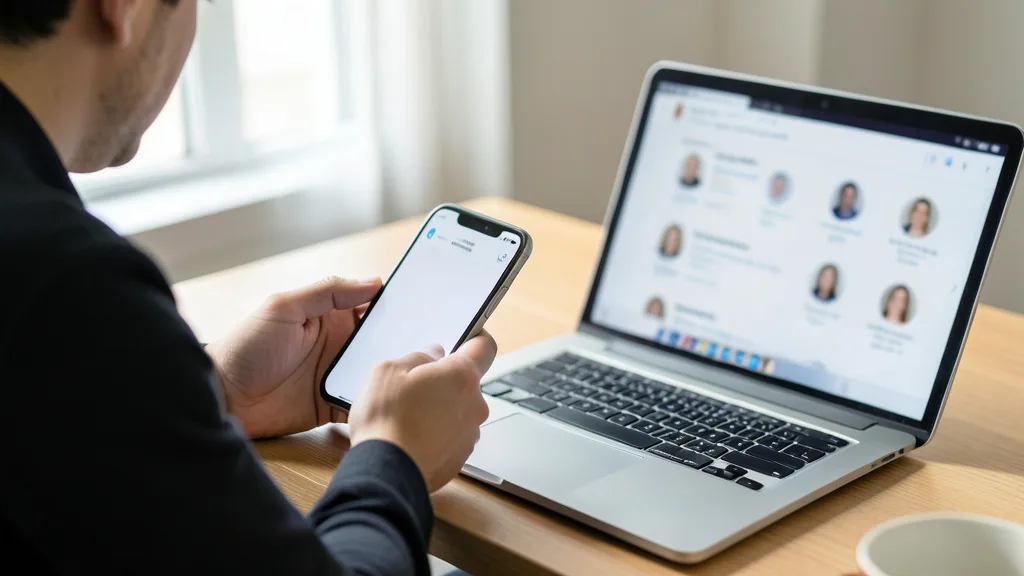 Imagem gerada por IA: Celular com aviso genérico de moderação ao lado de um laptop com páginas de perfis desfocadas.