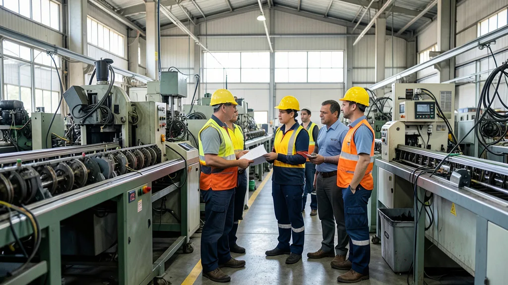 Imagem gerada por IA: Trabalhadores conversam perto de máquinas em uma fábrica.