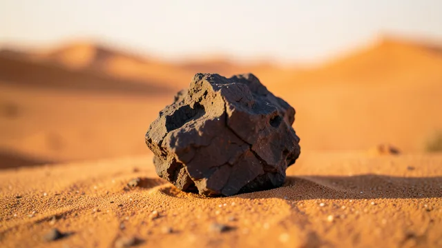 Imagem gerada por IA: Fragmento escuro de meteorito sobre a areia do deserto do Saara.