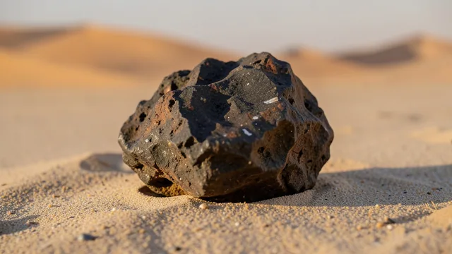 Imagem gerada por IA: Fragmento escuro de meteorito sobre a areia do deserto do Saara.