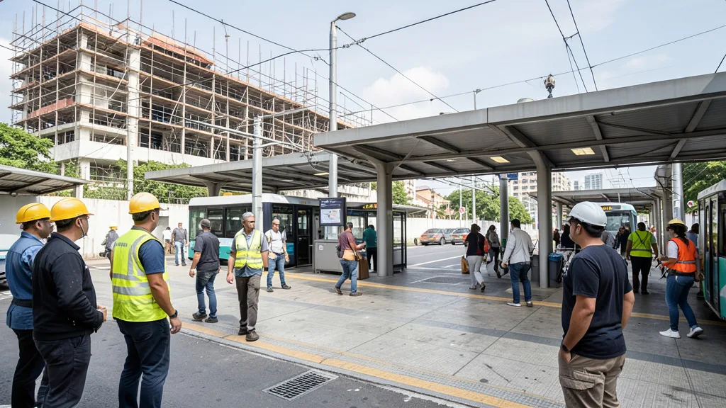 Imagem gerada por IA: Terminal integrado ao Metrô de São Paulo com passageiros e estruturas urbanas ao redor.