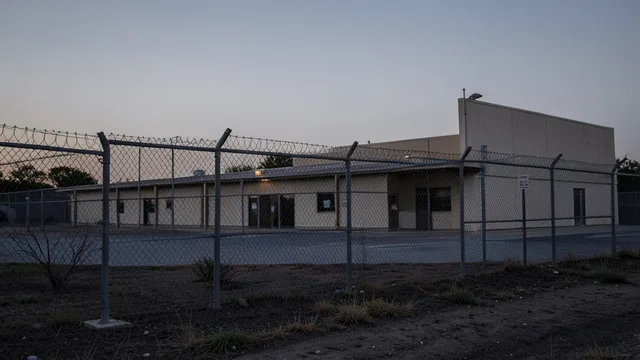 Imagem gerada por IA: Centro de detenção migratória em Laredo, no Texas, visto do lado de fora.