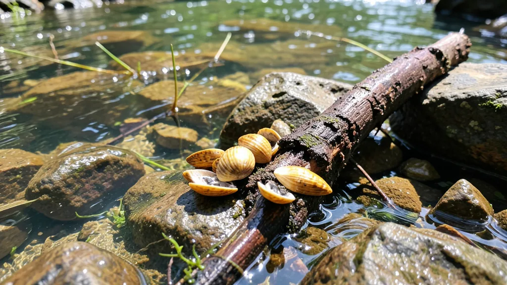 Imagem gerada por IA: Mexilhões-dourados aderidos a rochas e raízes submersas em um rio.