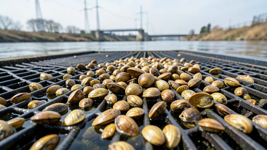 Imagem gerada por IA: Colônia de mexilhões-dourados presa a uma grade submersa de captação de água.