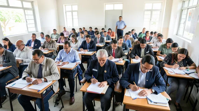 Imagem gerada por IA: Candidatos fazem uma prova em uma sala de aula organizada em fileiras.