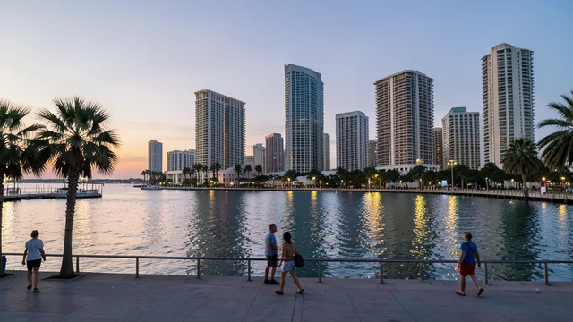 Imagem gerada por IA: Vista da orla de Miami ao entardecer, com palmeiras e prédios altos refletidos na água.