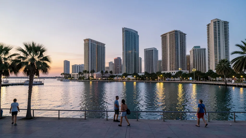 Imagem gerada por IA: Vista da orla de Miami ao entardecer, com palmeiras e prédios altos refletidos na água.