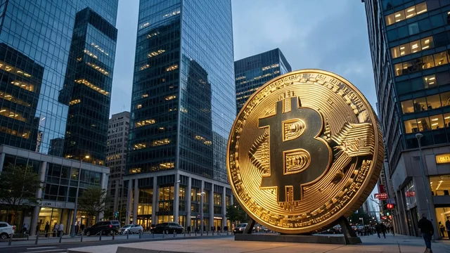 Imagem gerada por IA: Escultura dourada de Bitcoin diante de edifícios comerciais ao anoitecer.
