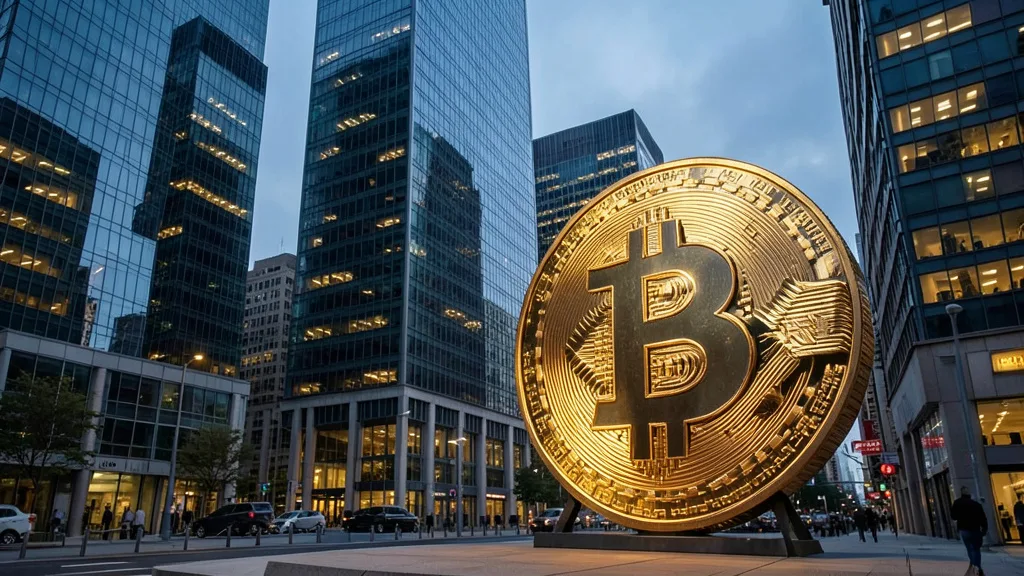 Imagem gerada por IA: Escultura dourada de Bitcoin diante de edifícios comerciais ao anoitecer.