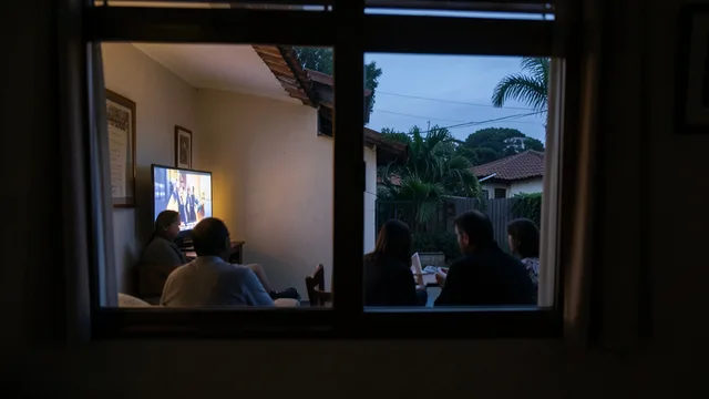 Casa em Brasília iluminada à noite, com silhuetas acompanhando a apuração eleitoral pela televisão.