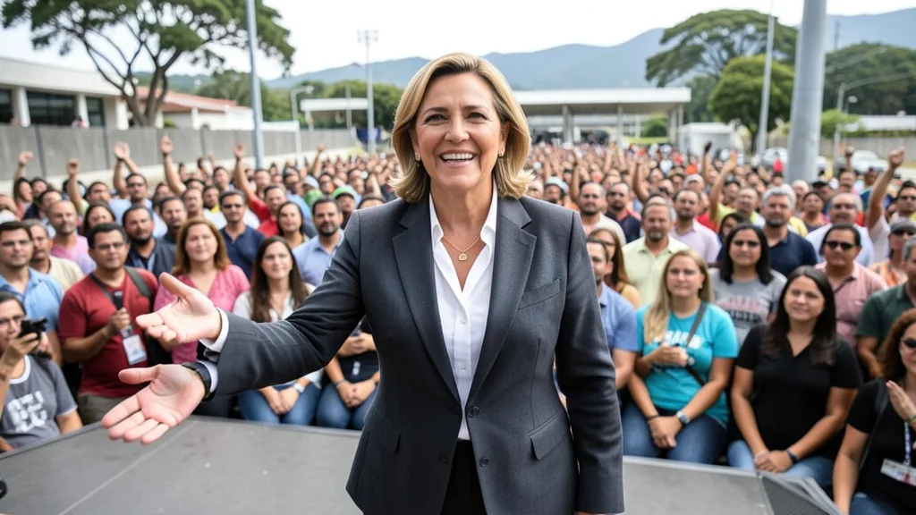 Imagem gerada por IA: Michelle Bolsonaro cumprimenta apoiadores em um evento público em Brasília.