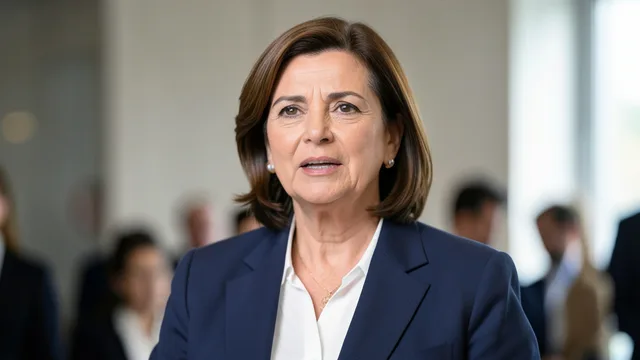 Imagem gerada por IA: Mulher semelhante a Michelle Bolsonaro fala em um evento público, diante de um fundo neutro.