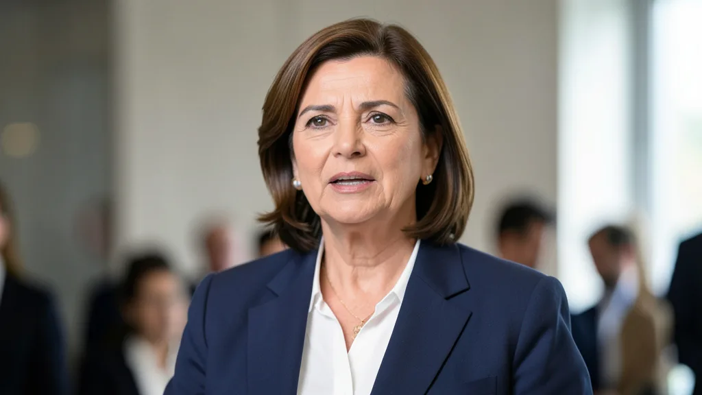 Imagem gerada por IA: Mulher semelhante a Michelle Bolsonaro fala em um evento público, diante de um fundo neutro.