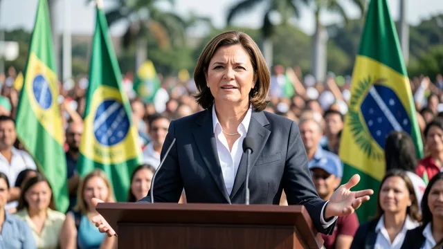 Imagem gerada por IA: Michelle Bolsonaro em um evento público de campanha em Brasília.