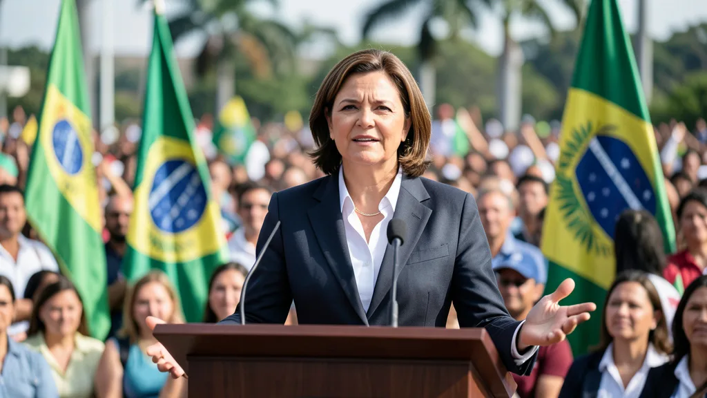 Imagem gerada por IA: Michelle Bolsonaro em um evento público de campanha em Brasília.