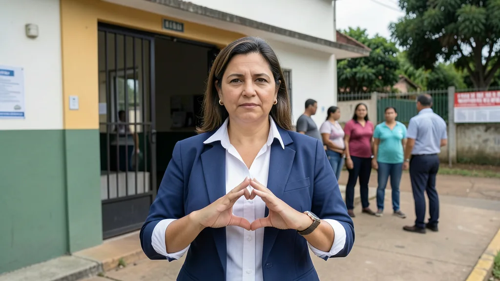 Imagem gerada por IA: Mulher faz um gesto de coração diante de uma escola usada como local de votação.