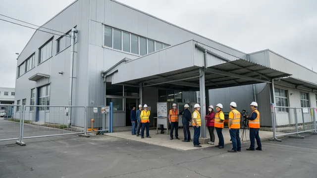 Imagem gerada por IA: Trabalhadores reunidos do lado de fora de uma fábrica de semicondutores em Taiwan.