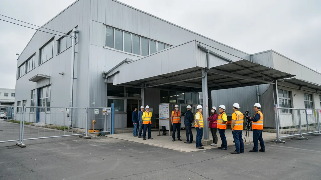 Imagem gerada por IA: Trabalhadores reunidos do lado de fora de uma fábrica de semicondutores em Taiwan.