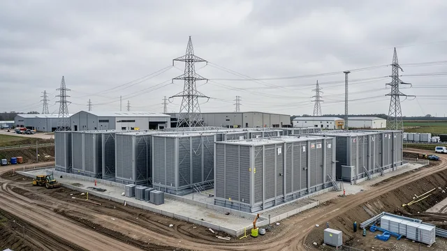 Imagem gerada por IA: Data center em construção no Reino Unido, com linhas de transmissão ao fundo.